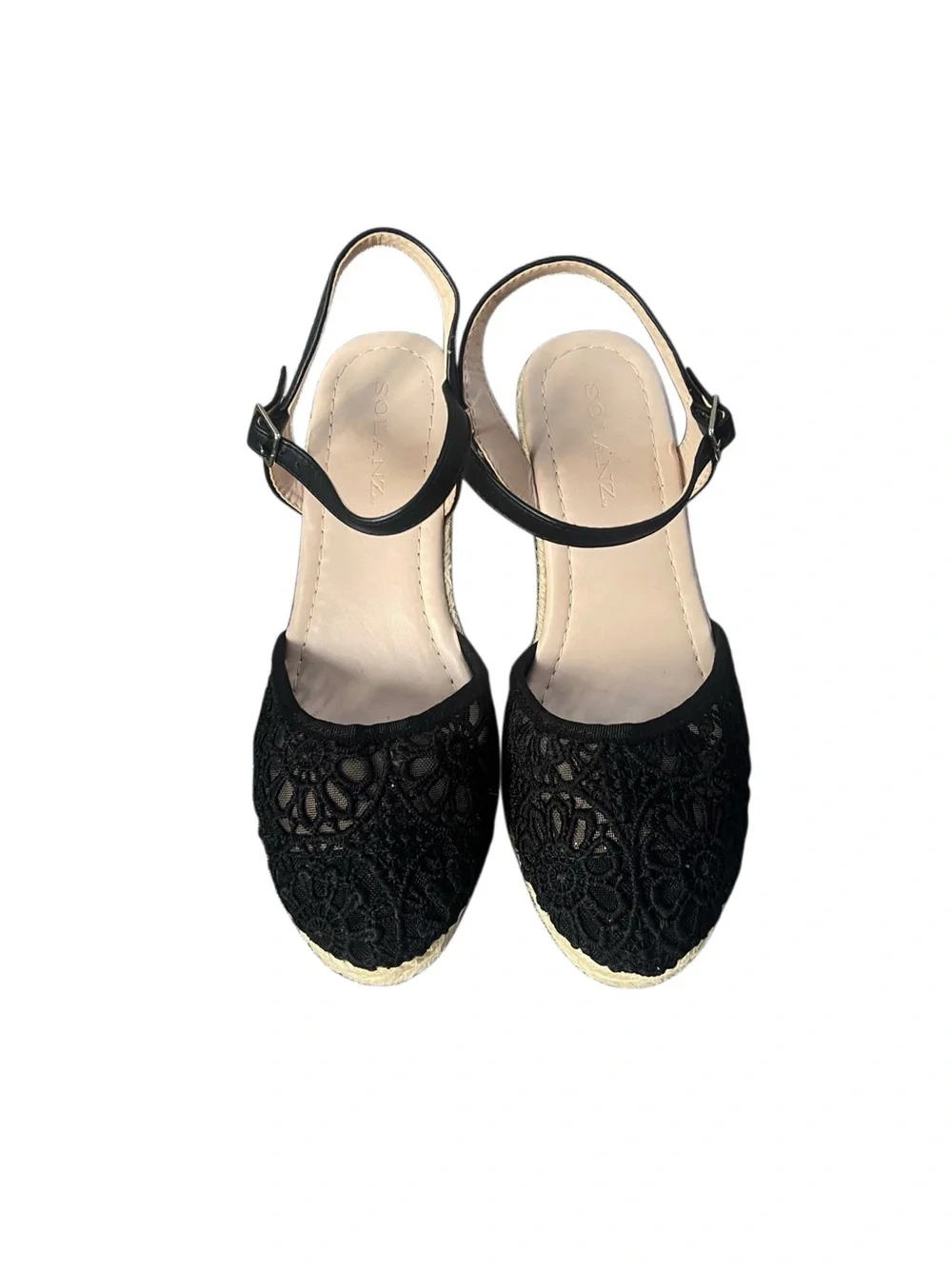 Solano Women's Black Lace Espadrille Wedge Sandals Sz 7.5